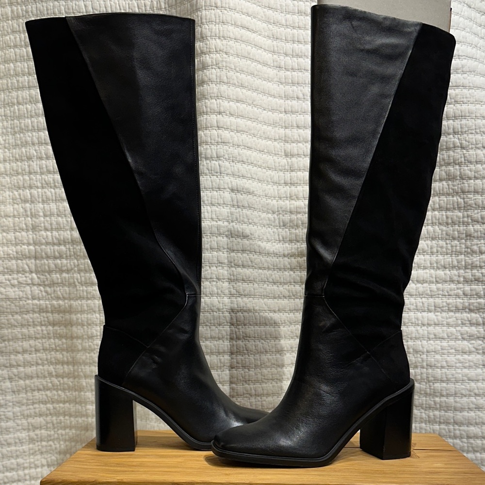 Franco Sarto Stevie-tall High Shaft Black Leather Suede Boots Size 6.5 MSRP $280